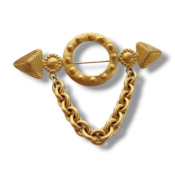 Large Marcy Feld Gold Plated Bar Heart Brooch Arrow Chain Military Statement - Picture 1 of 8